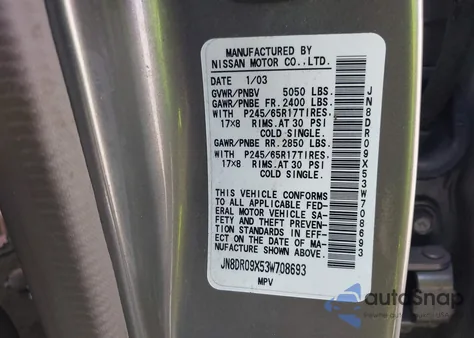 2003 Nissan Pathfinder Le from USA, damaged, VIN JN8DR09X53W708693